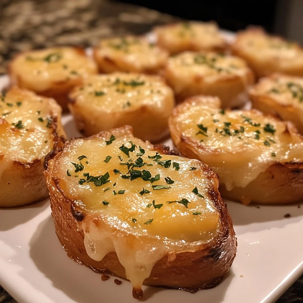 Savory French onion soup bites topped with melted cheese and herbs