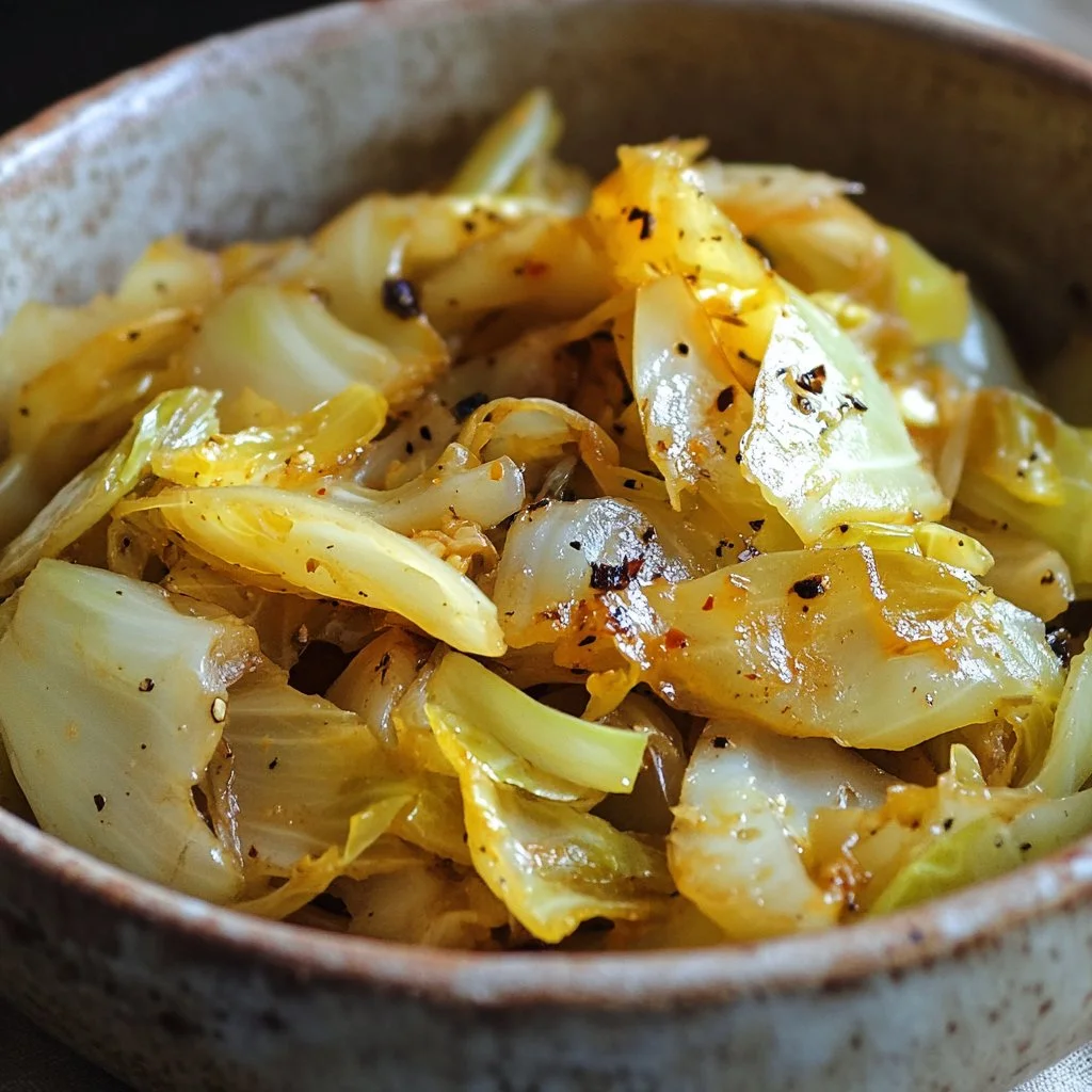 Plate of simple sautéed cabbage recipe with seasonings and herbs.