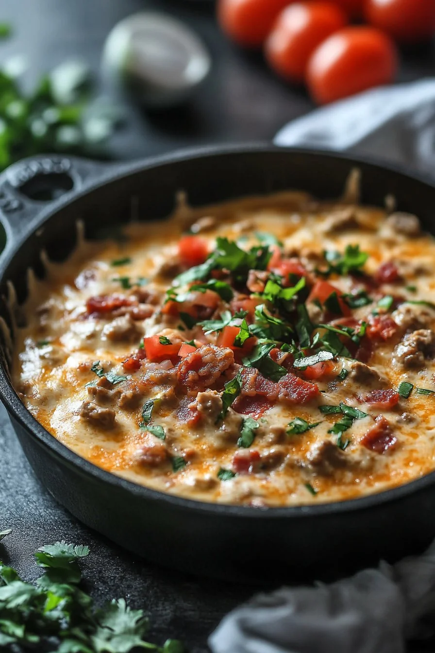 Sizzling Bacon Cheeseburger Queso Dip