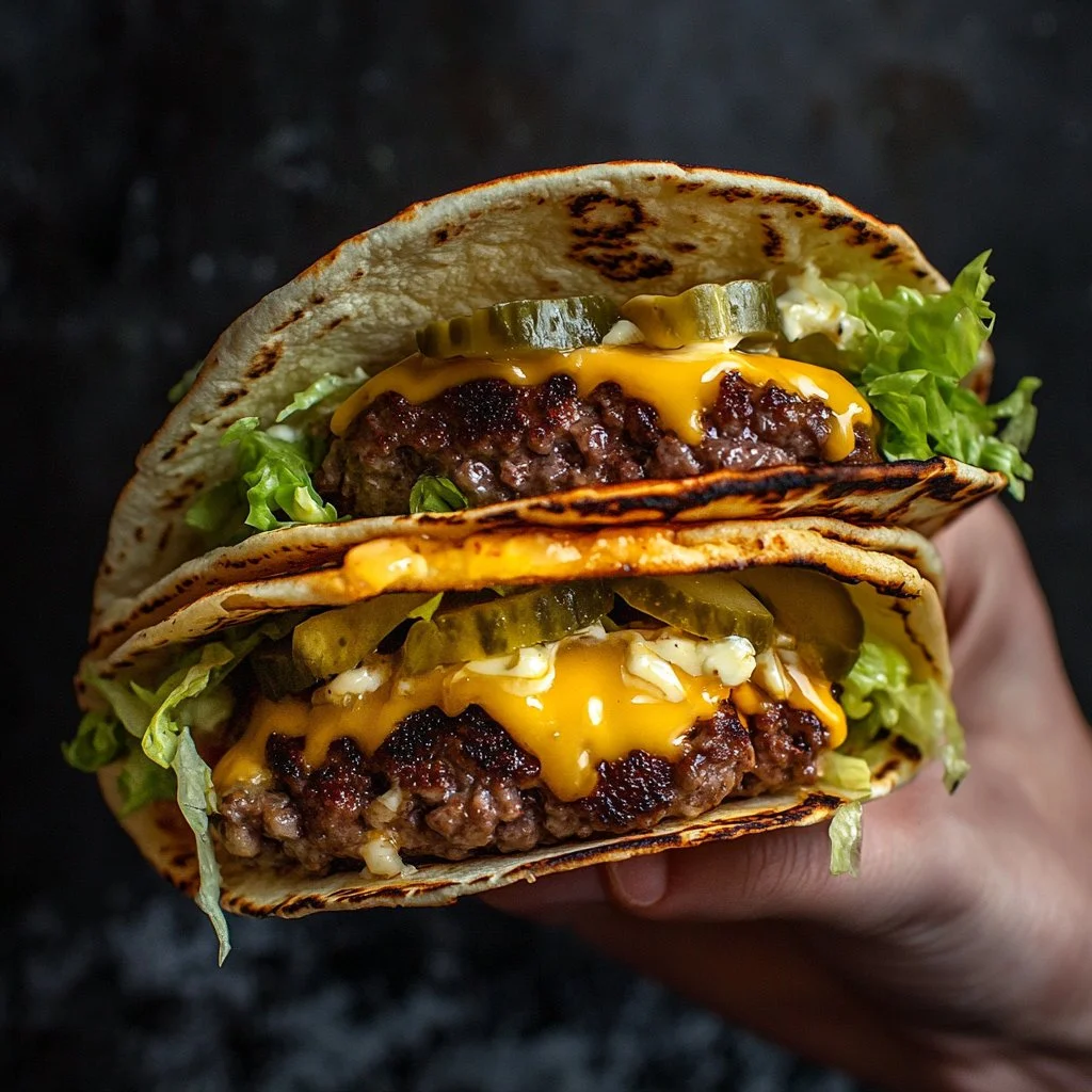 Smash burger tacos with juicy beef and fresh toppings on a platter
