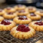 Freshly baked sourdough raspberry cookies on a cooling rack