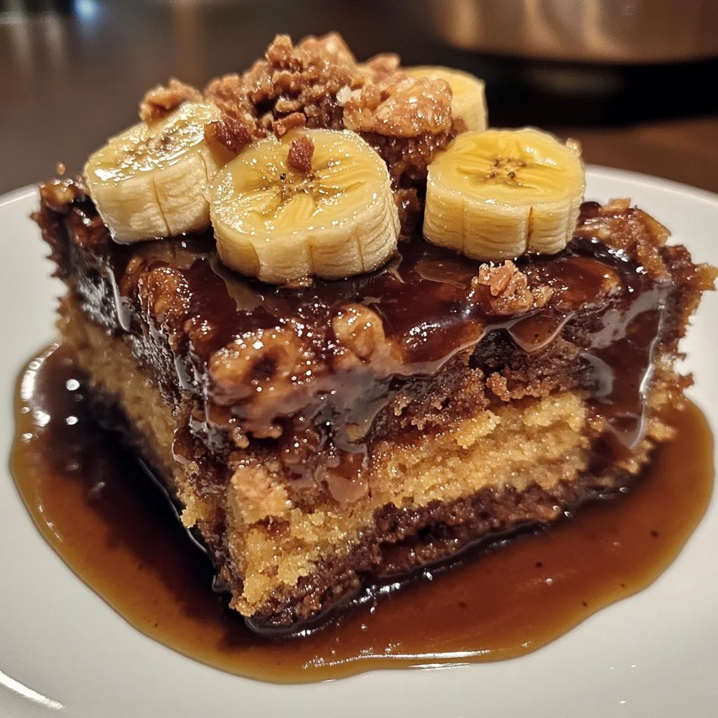 Delicious sticky banana bread pudding cake topped with caramel sauce.