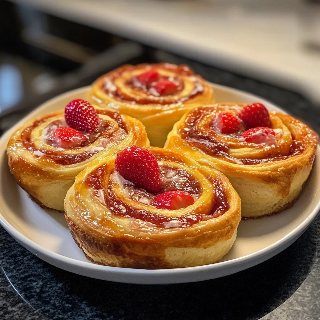 Delicious strawberry cheesecake sweet rolls topped with fresh strawberries