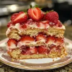 Slice of Strawberry Earthquake Cake with creamy frosting and strawberry topping