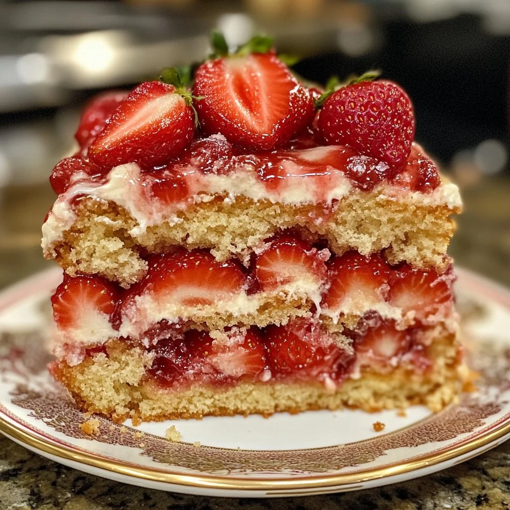 Slice of Strawberry Earthquake Cake with creamy frosting and strawberry topping