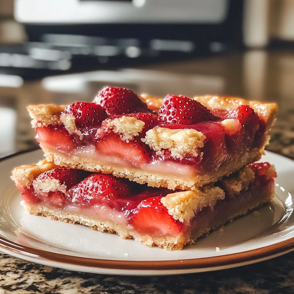 Delicious homemade Strawberry Pie Bars displayed on a wooden table