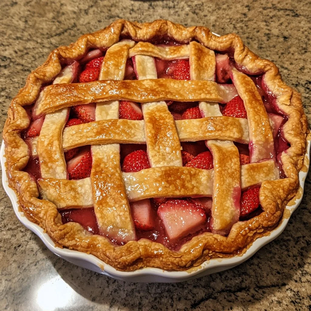 Homemade Strawberry Rhubarb Pie with a golden crust, garnished with fresh strawberries.