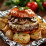 Swiss mushroom burger wrapped in foil ready for grilling.
