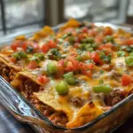 Delicious taco casserole topped with tortillas and garnished with fresh ingredients.