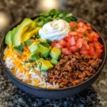 Delicious Taco Rice Bowl with seasoned beef and fresh vegetables
