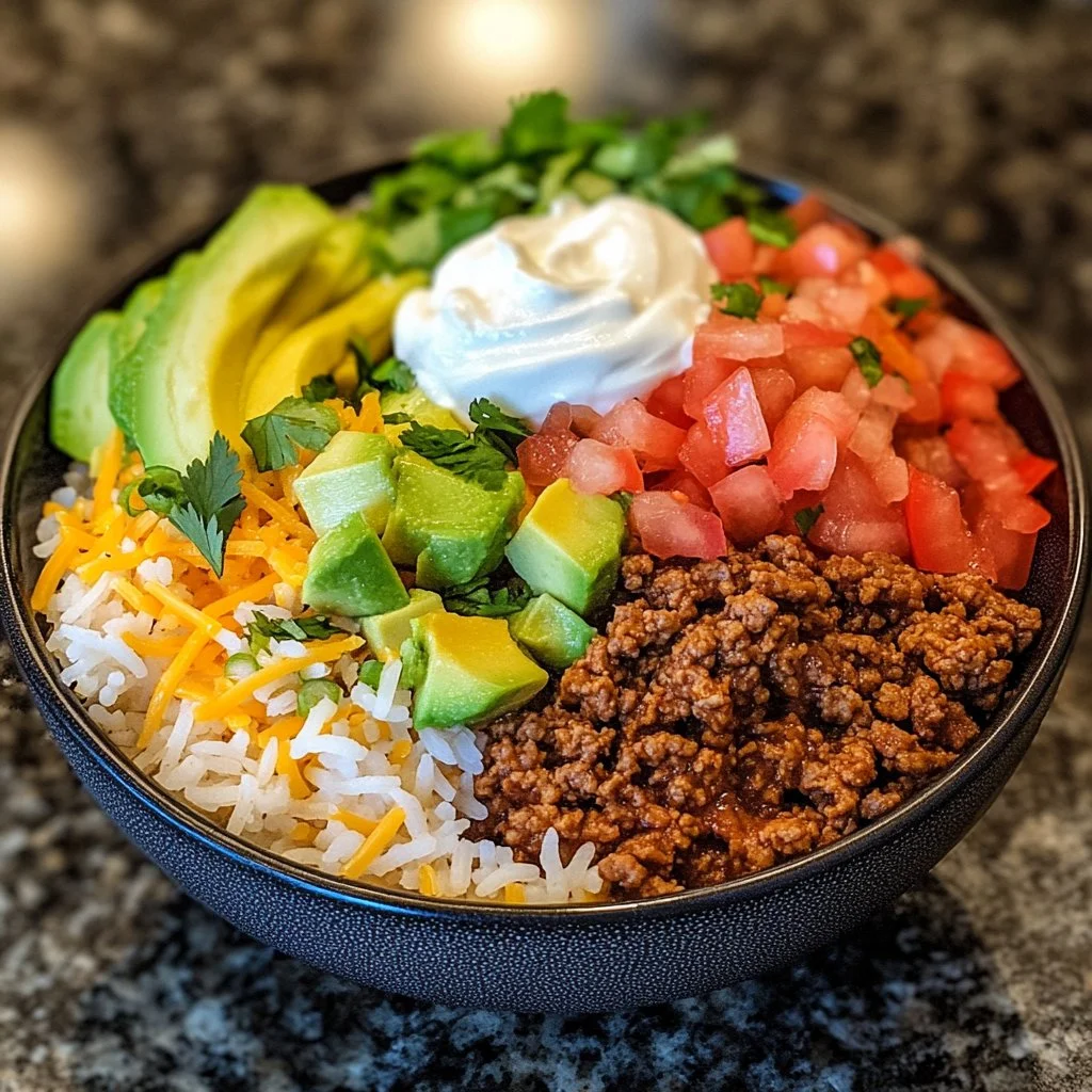 Delicious Taco Rice Bowl with seasoned beef and fresh vegetables