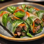 Thai Basil Beef Rolls featuring fresh herbs and tender beef wrapped in rice paper
