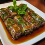 Plate of Thai Basil Beef Rolls garnished with fresh herbs and chilies.