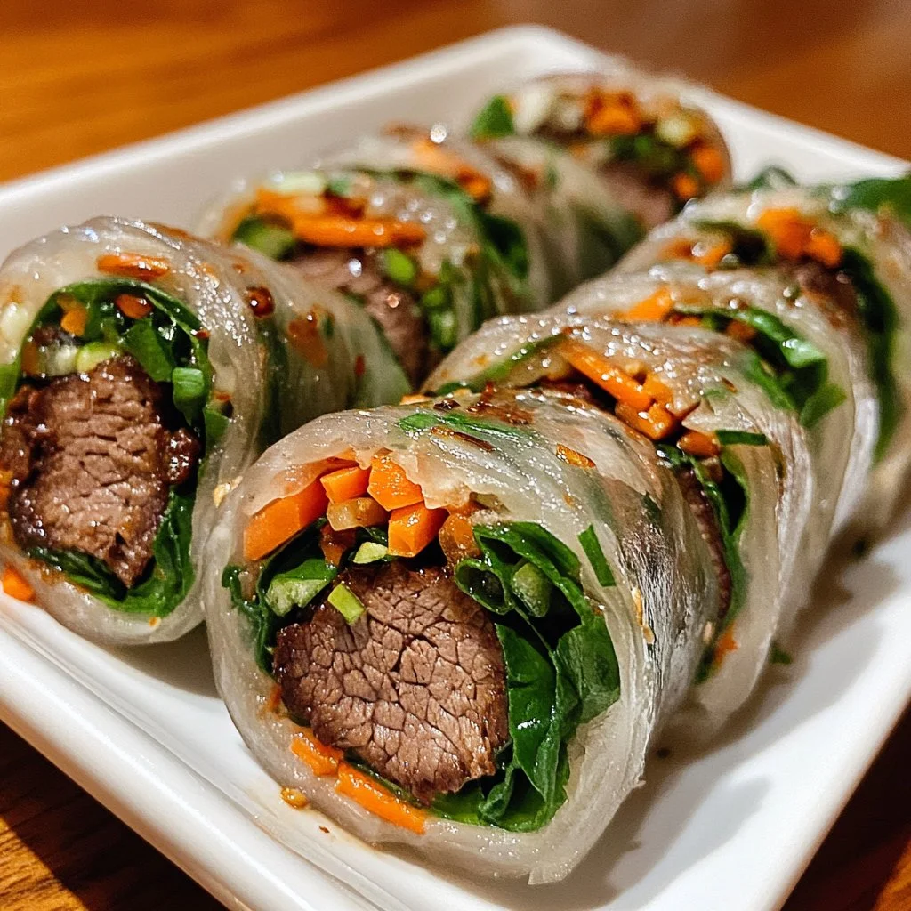 Delicious Thai Basil Beef Rolls garnished with fresh herbs