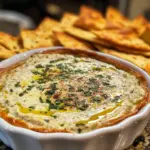 A bowl of the best dip in the world served with fresh vegetables and chips.