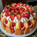 Slice of ultimate strawberry cream cheese pound cake with fresh strawberries