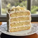 White almond cake with whipped buttercream frosting on a decorative cake stand