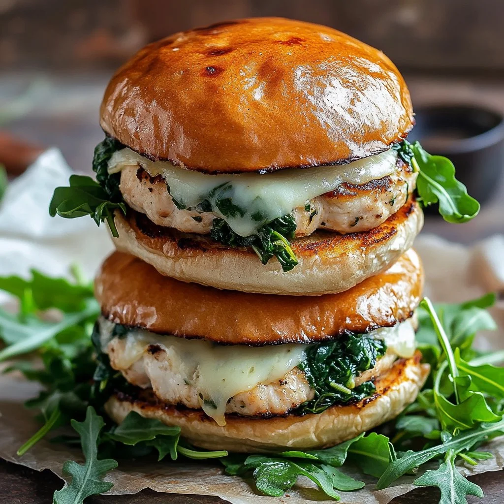 White Cheddar and Spinach Chicken Burgers on a plate with fresh ingredients.