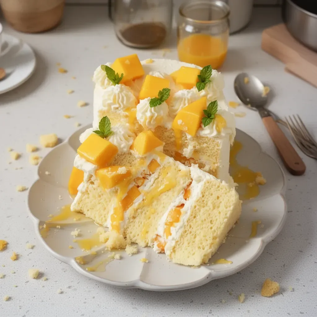 Delicious Asian bakery-style mango cake garnished with fresh mango slices