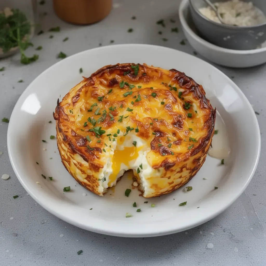 Baked cottage cheese eggs served in a dish, garnished with herbs.