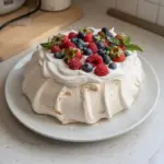 Delicious homemade Pavlova dessert topped with fresh fruits and whipped cream