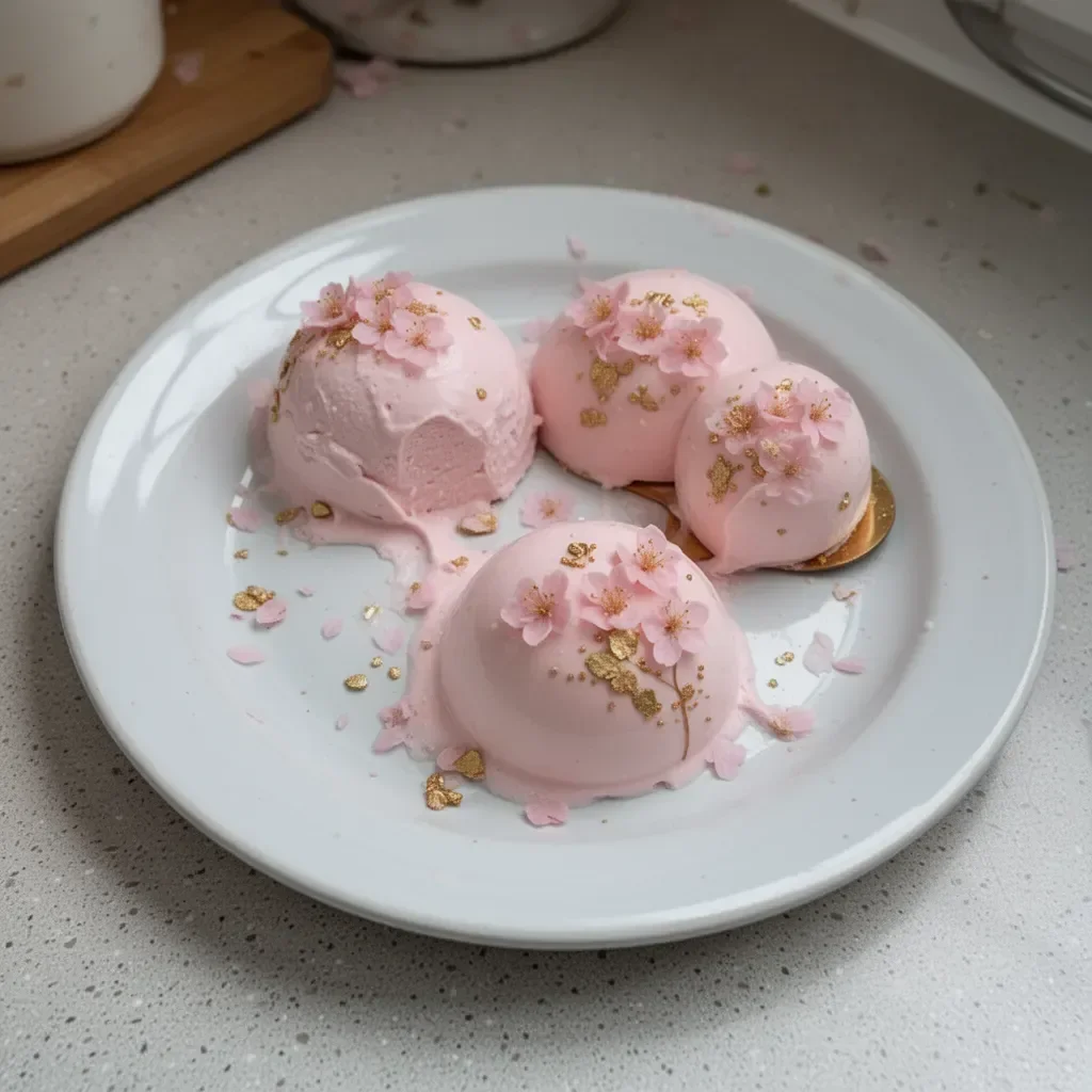 Cherry Blossom Mousse Domes with pink floral decoration and elegant presentation