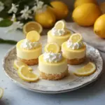 Creamy mini lemon cheesecakes garnished with fresh lemon zest and mint leaves.