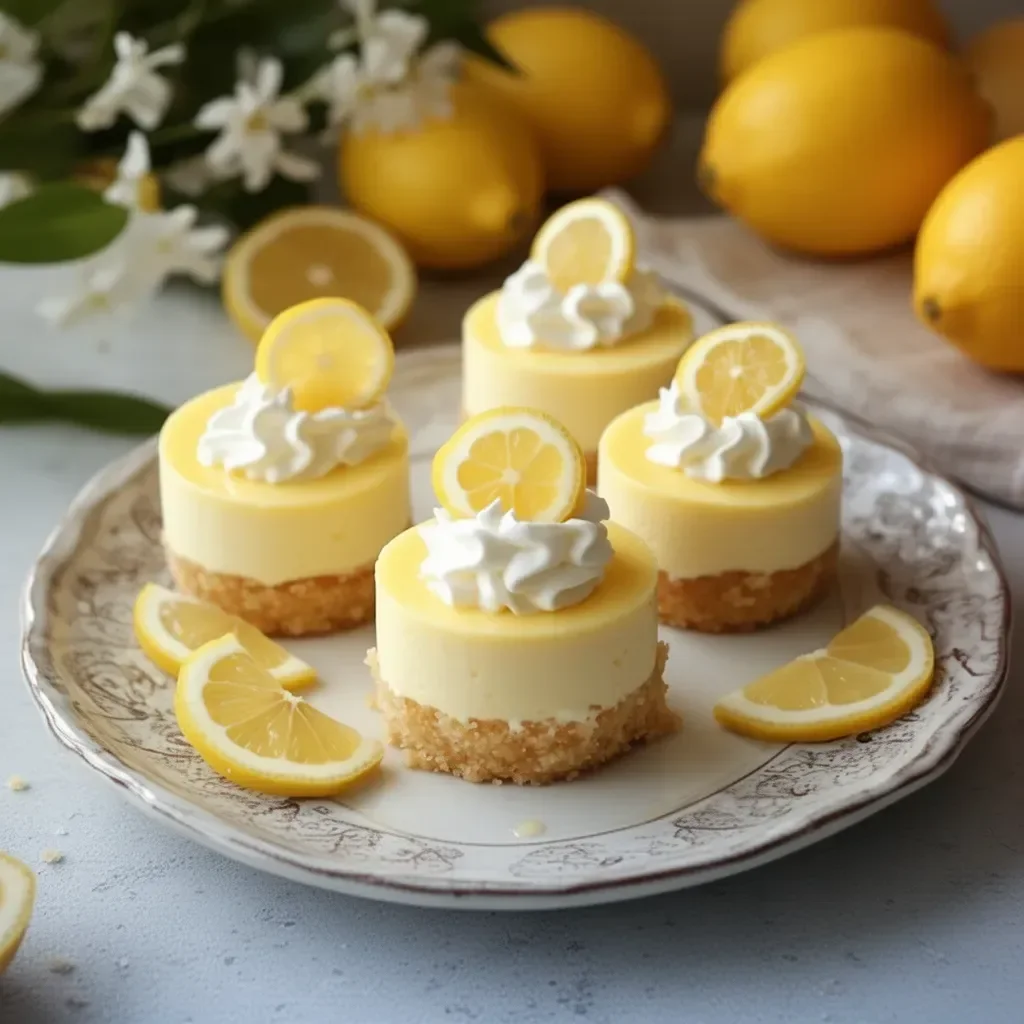 Creamy mini lemon cheesecakes garnished with fresh lemon zest and mint leaves.