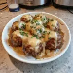 Delicious Crock Pot French Onion Meatballs served in a savory broth