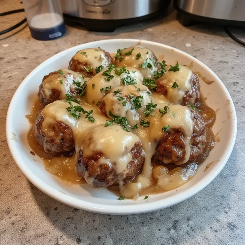 Delicious Crock Pot French Onion Meatballs served in a savory broth