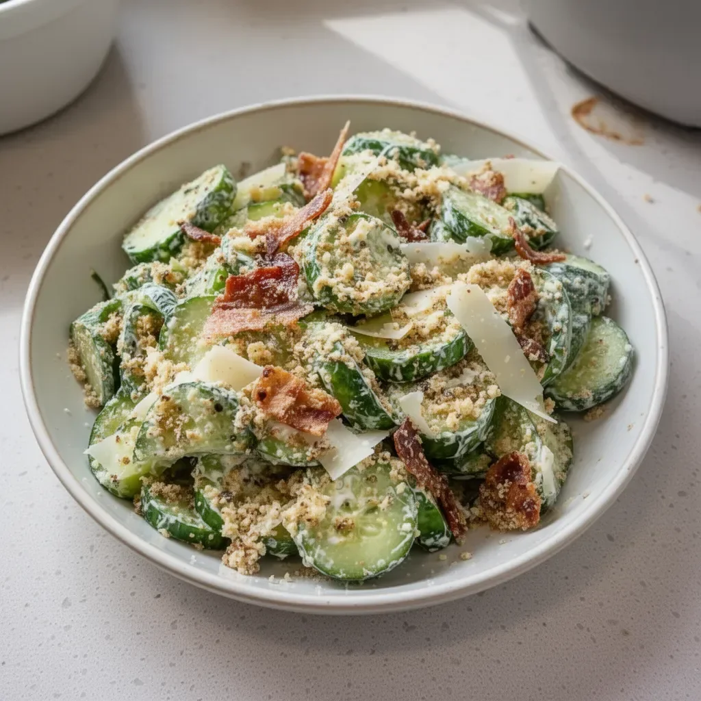 Fresh Cucumber Caesar Salad with crispy romaine, parmesan, and croutons