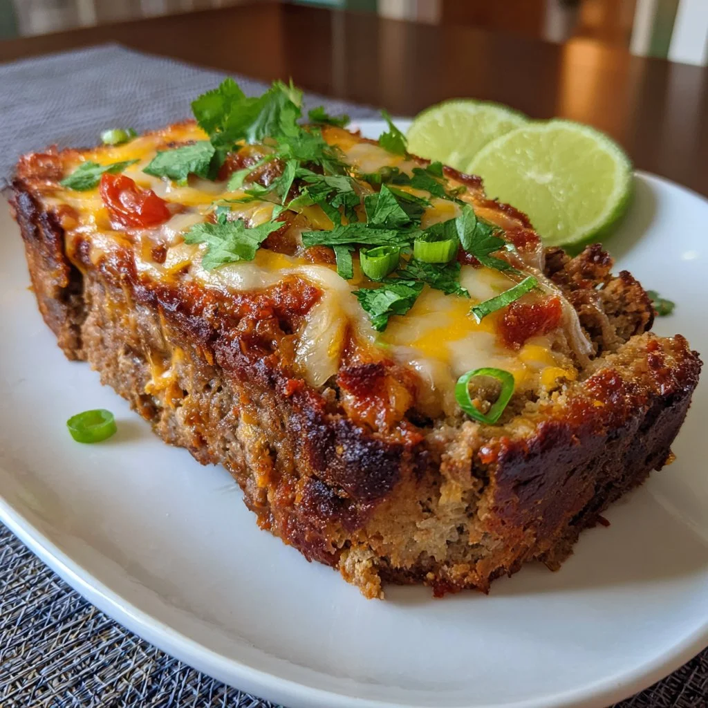 A delicious slice of easy Mexican taco meatloaf topped with salsa and cheese.