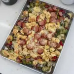 Easy Sheet Pan Tortellini with Kielbasa cooked on a sheet pan.