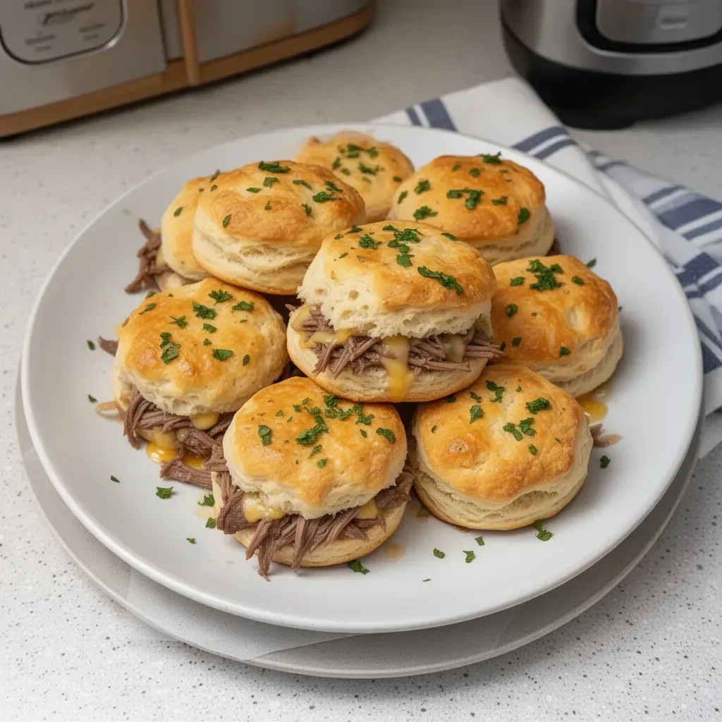 Delicious French Dip Biscuits served with a side of au jus for dipping