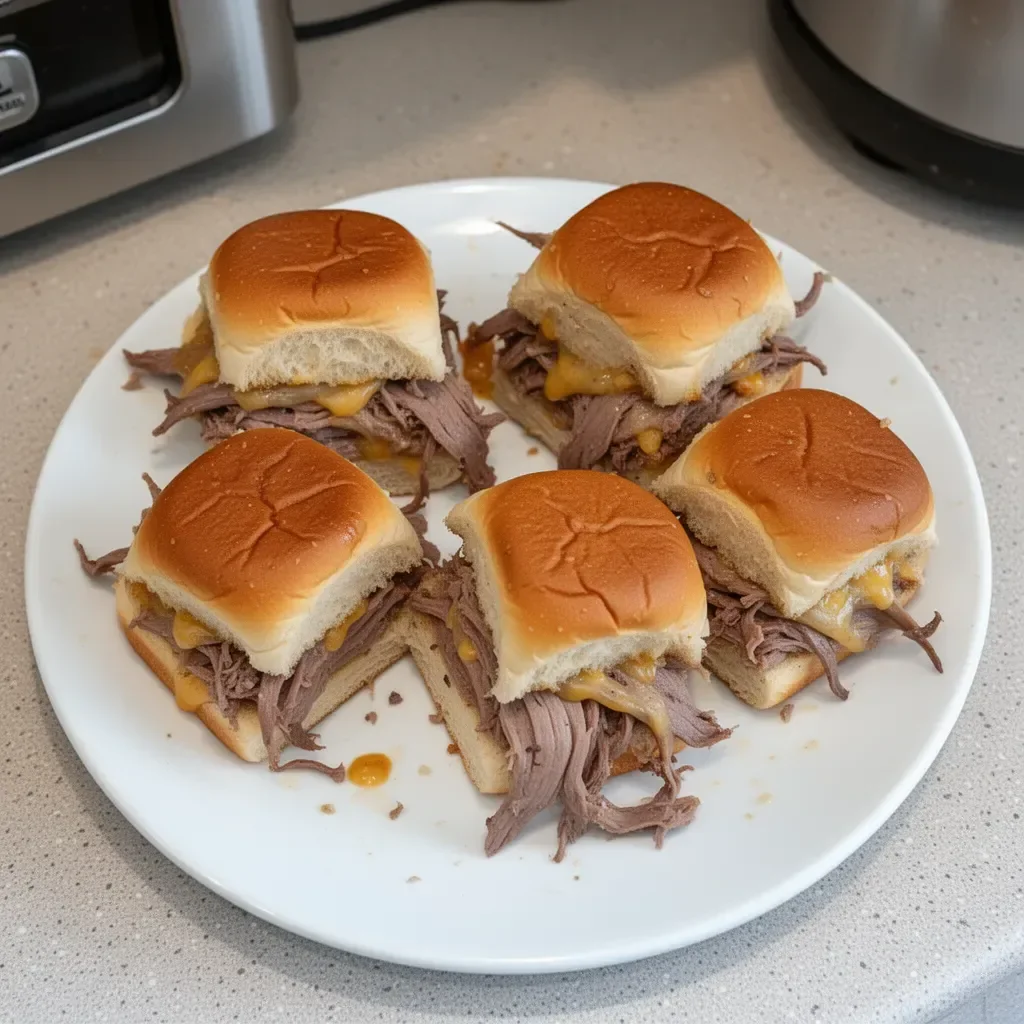 Delicious French Dip Sliders served with au jus sauce.