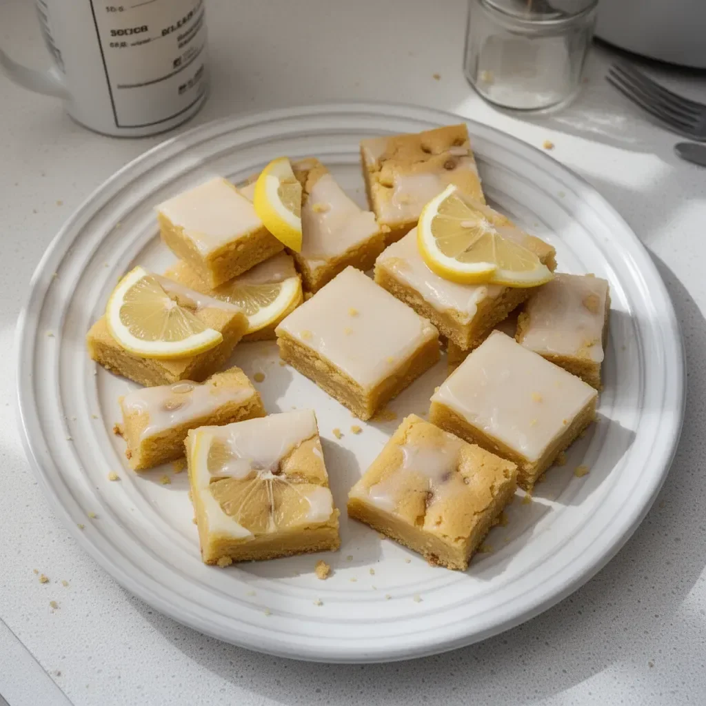 Fudgy lemon blondies on a white plate, drizzled with lemon glaze.