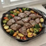 Garlic Butter Steak and Veggies on a sheet pan, ready to serve