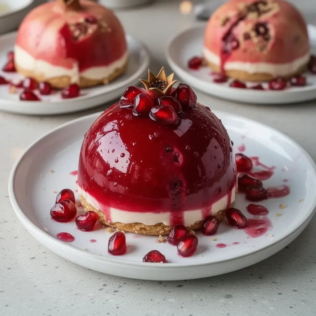 Glossy pomegranate mousse domes garnished with fresh pomegranate seeds