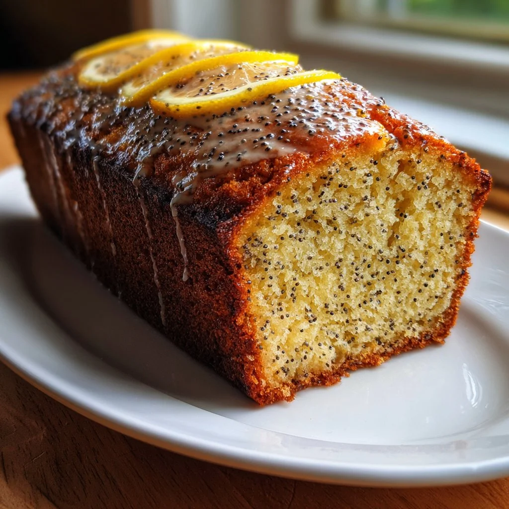 Sliced grapefruit poppy seed cake with citrus glaze and fresh grapefruit garnish