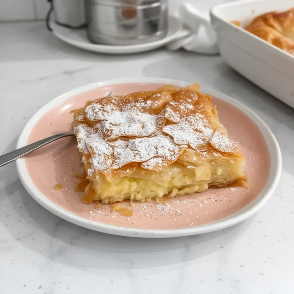Delicious Greek Bougatsa filled with cream and topped with powdered sugar