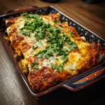 Plate of delicious ground beef enchiladas topped with cheese and salsa