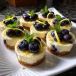 Healthy mini lemon blueberry cheesecakes on a white plate