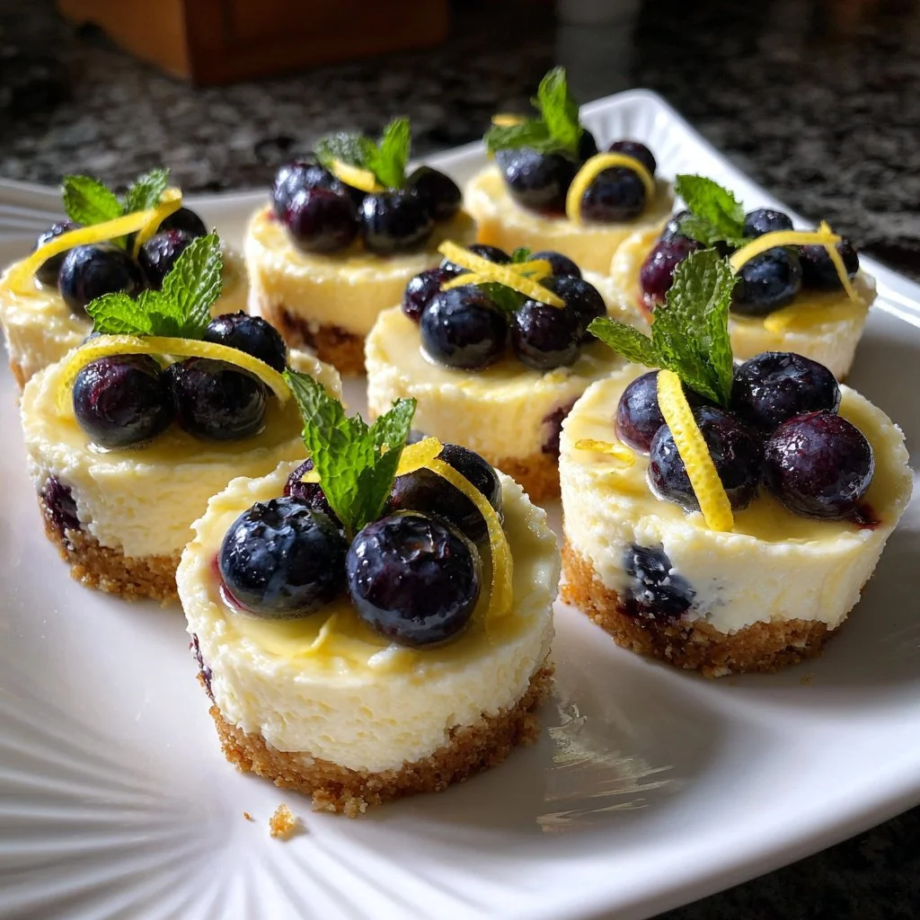 Healthy mini lemon blueberry cheesecakes on a white plate