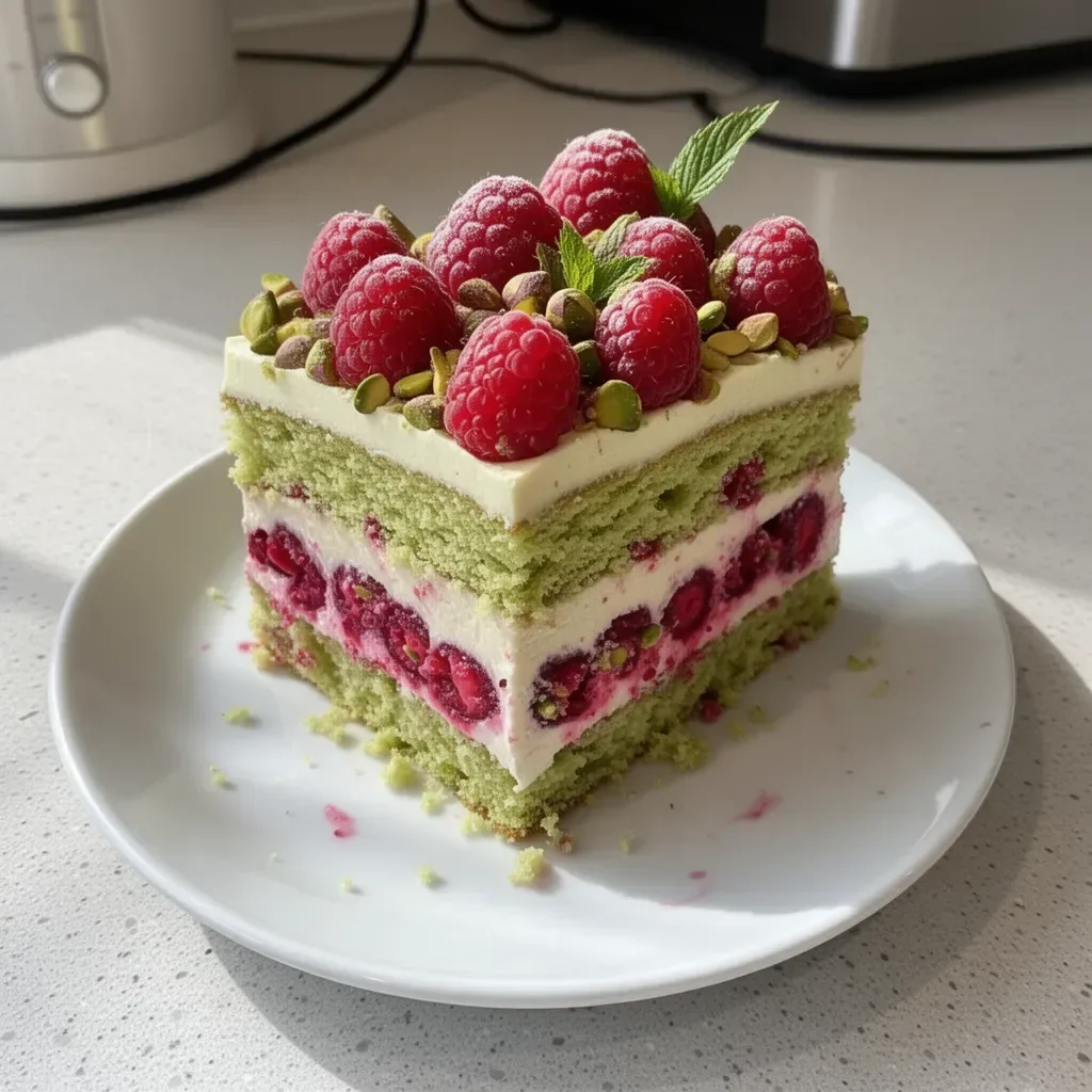 Heavenly Pistachio Raspberry Dream Cake with layers of raspberry and pistachio frosting