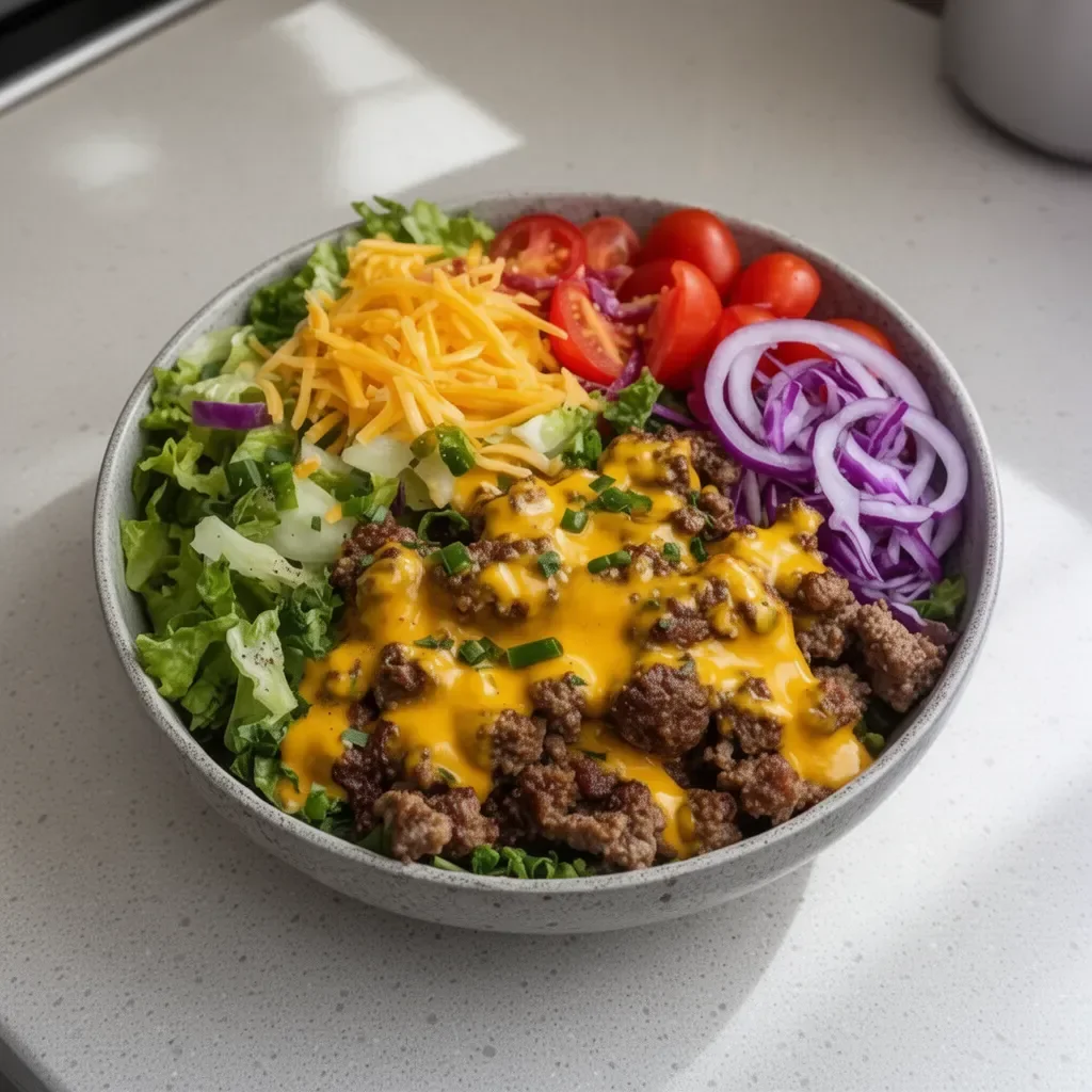 High-protein cheeseburger bowls with fresh toppings and ingredients