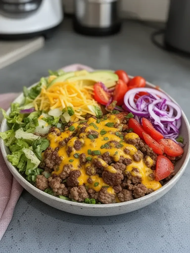 High-Protein Cheeseburger Bowls Recipe – Low-Carb Meal Prep with Ground Beef & Burger Sauce