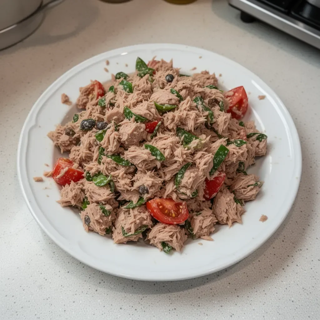 Bowl of Italian tuna salad with fresh vegetables and herbs