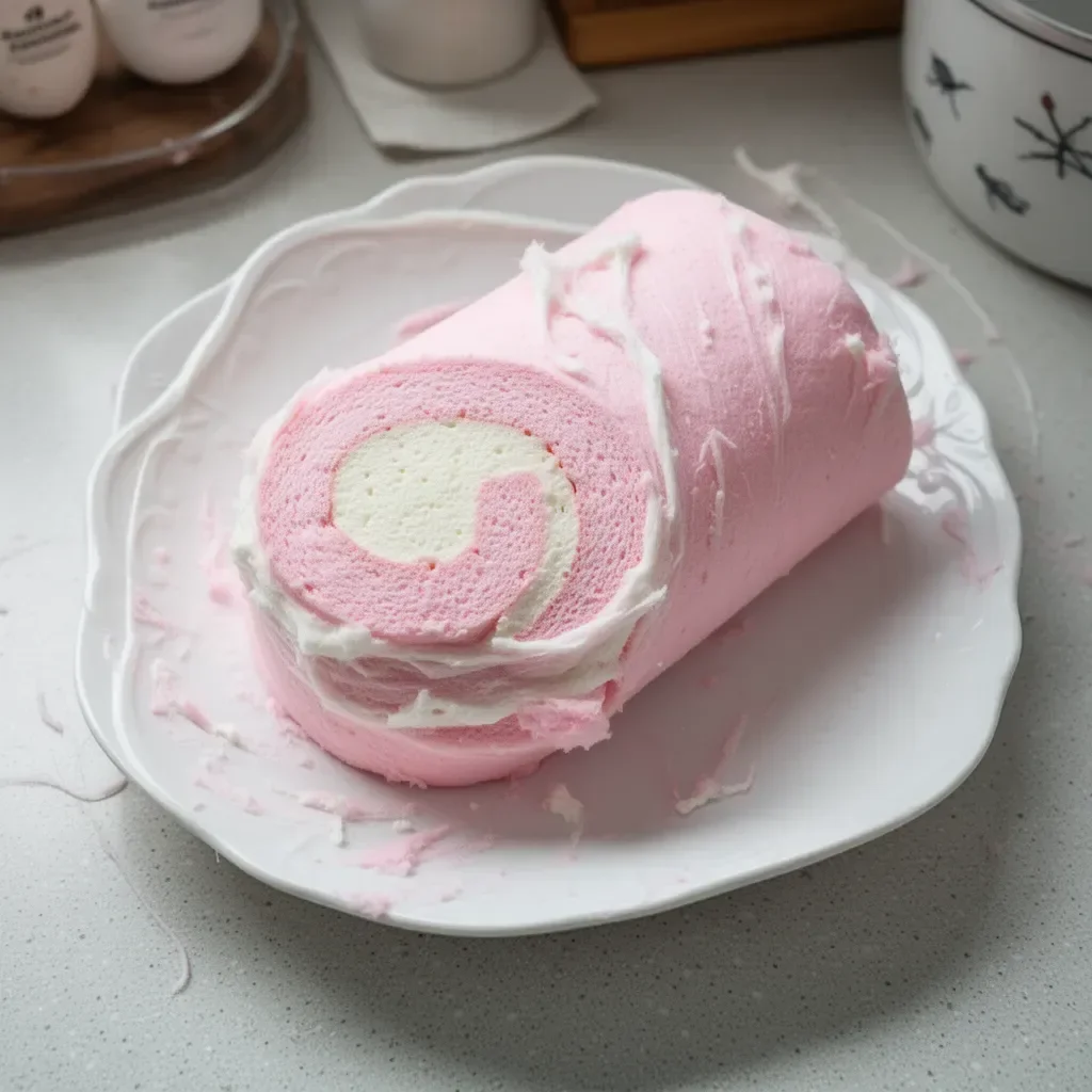 Japanese Cotton Candy Cake Roll with colorful sugar fluff