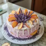 Lavender Peach Celebration Cake beautifully decorated with fresh peaches and lavender flowers