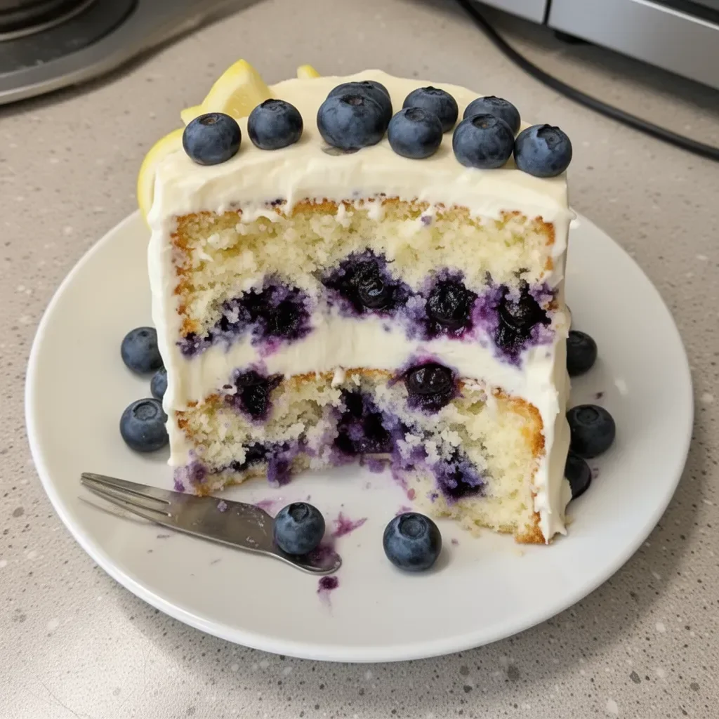 Lemon Blueberry Layer Cake topped with fresh blueberries and lemon slices